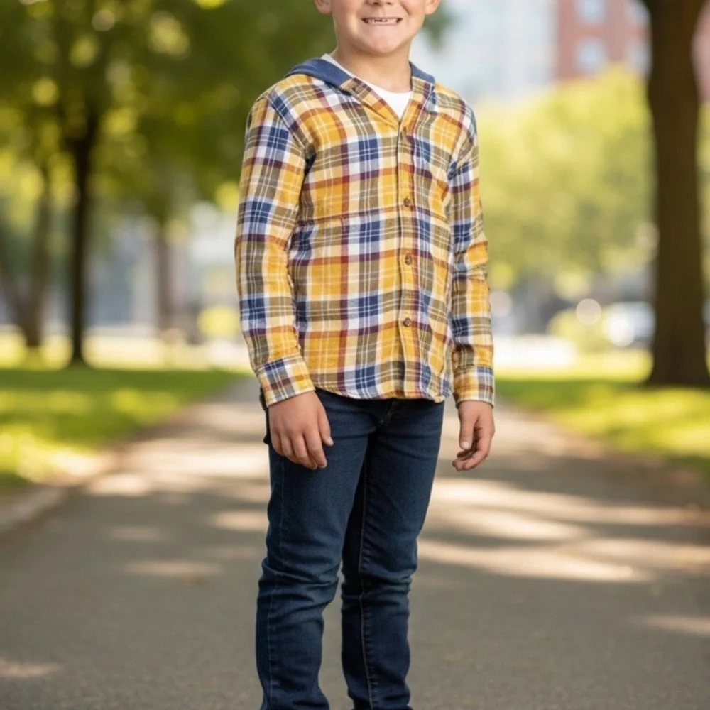 Carters Hooded Boy’s Button Down - Blue and Yellow and Burgundy Size 10